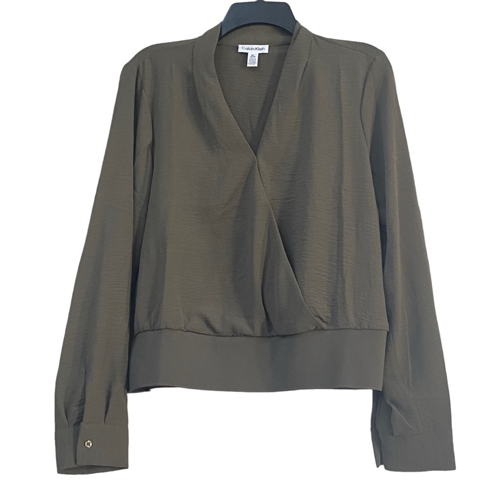 CALVIN KLEIN Wide Elastic Hem Surplice Wrap-Style Top Blouse M Drab Army Green